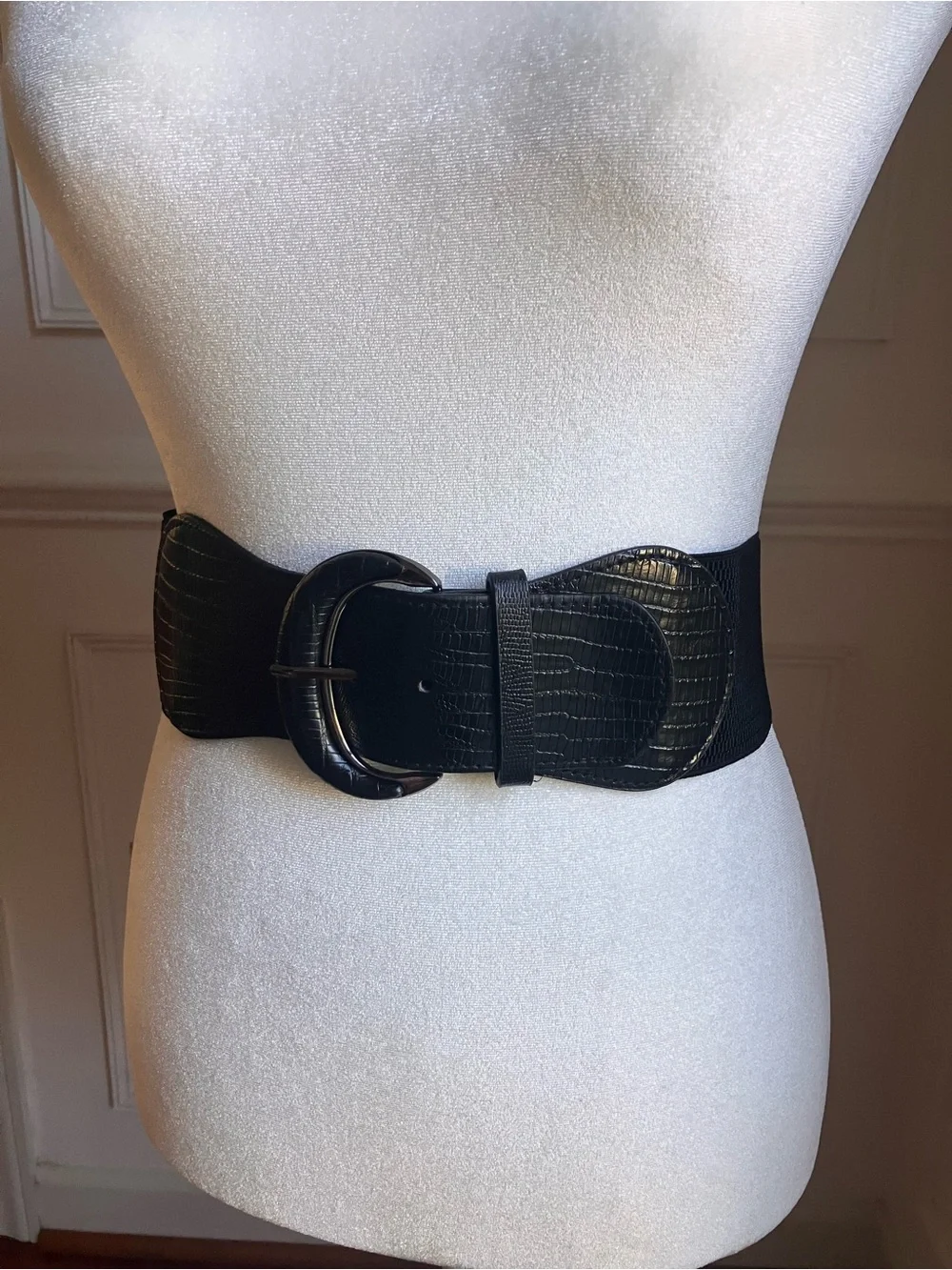 Black Wide Elastic Faux Croc Waist Belt 38”